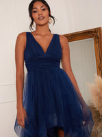 Plunge neck tiered tulip dip hem tulle high low party dress in navy