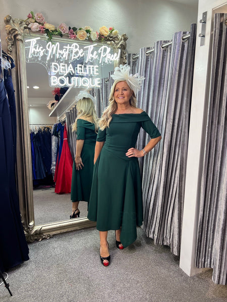 Lorelle asymmetric hemline Bardot midi skater dress in Hunter green Deja Elite Boutique Lorelle asymmetric hemline Bardot midi skater dress in Hunter green Deja Elite Boutique