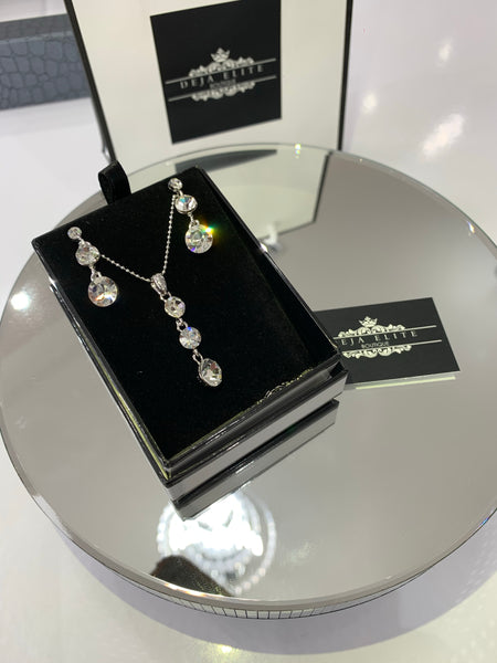 Three’s a charm drop earrings, pendant Swarovski elements jewellery set - white diamante