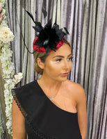 Ascot pillar box RED net and feather black fascinator
