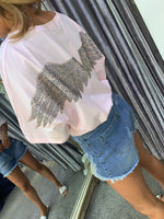 ‘Fly with me’ oversize sparkle Angel wings T shirt