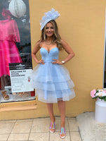 Sweetheart strapless layered tulle short wedding guest dress  , races dress