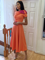 Kate Bow shoulder tea length dress in coral and fuchsia