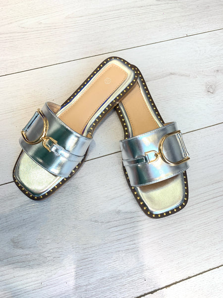 Metallic silver metal snaffle detail mules sandals, sliders