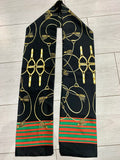Neck tie scarf black with gold, red, green pattern