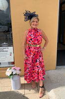 Paloma tie neck angled tier midi dress in hot pink floral