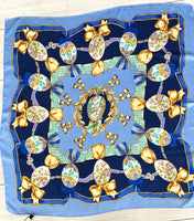 Silk blend bright scarf - royal, gold, light blue faberge egg print