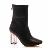 Leather look sock boots with Perspex heels