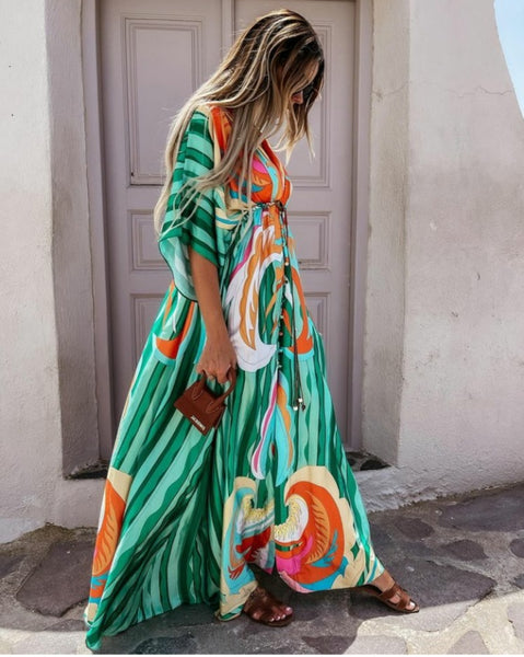 Lady LUXE kimono satin maxi dress - green multi – Deja Elite Boutique