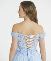 Tiffanys Mirta baby blue Bardot ballgown  prom dress