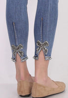 Diamante bow ankle grazer Jeans - mid light blue stonewash