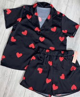 Hearts 2 piece luxury silk  pattered shorts pyjamas - one size - 2 colours black, white with red