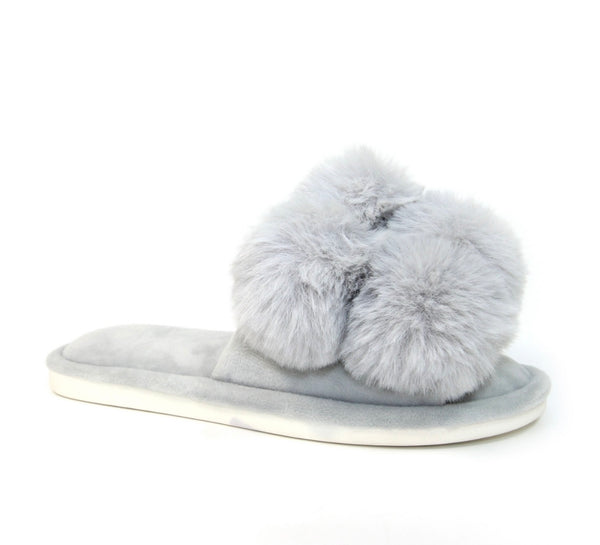 Lunar Octavia pom pom  luxury faux fur slippers - light grey