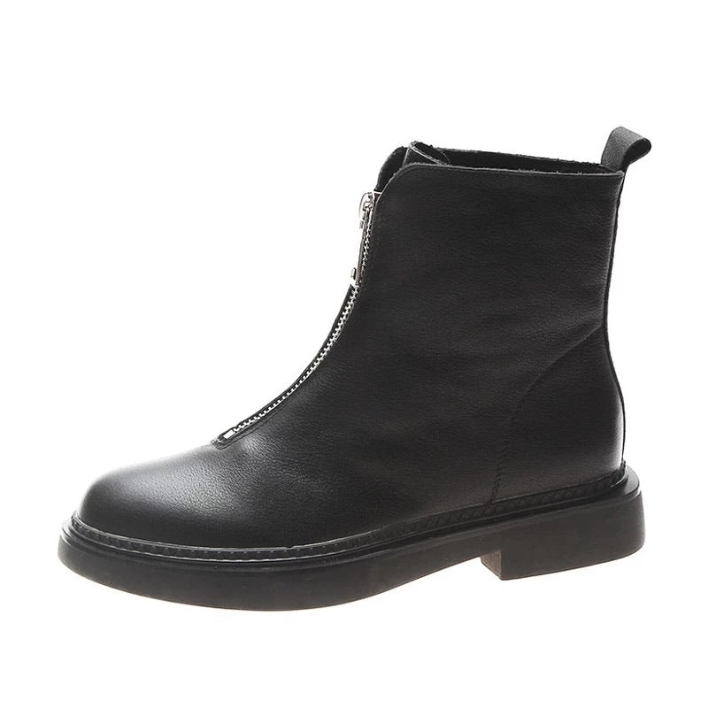 Leather front zip up fur lined ankle boots black Deja Elite Boutique