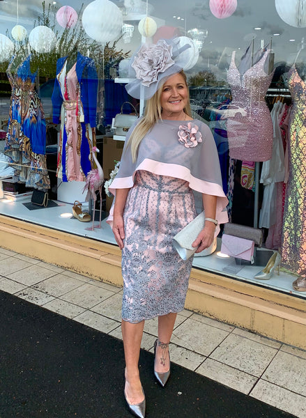 Mother of the bride two piece silver pink cape and lace dress