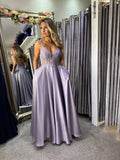 Darla embellished satin a line ballgown prom dress in lavender