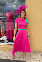 Kate Bow shoulder tea length dress in fuchsia and green