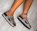‘Step it up’ diamante sparkle platform double strap sliders sandals
