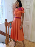 Kate Bow shoulder tea length dress in coral and fuchsia