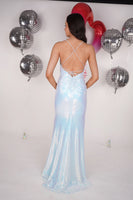 Penny pearlescent sequin crossover prom dress - oyster blue