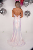 Penny pearlescent sequin crossover prom dress - oyster pink