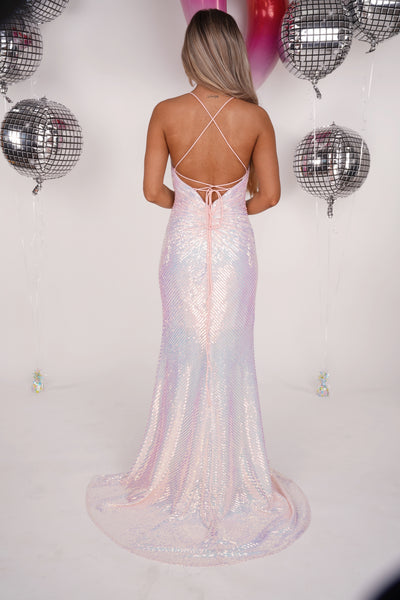 Penny pearlescent sequin crossover prom dress - oyster pink Deja Elite Boutique Penny pearlescent sequin crossover prom dress - oyster pink Deja Elite Boutique