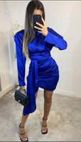 Don’t ‘give a glam’ long sleeve satin ruched mini dress - royal blue