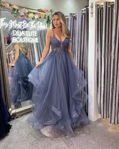 Dakota charcoal flutter layered prom dress ballgown – Deja Elite Boutique