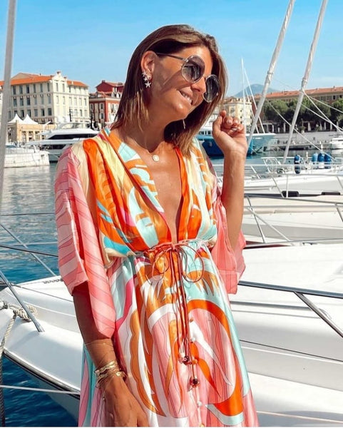 Lady LUXE kimono satin maxi dress - pastel pink multi Deja Elite Boutique Lady LUXE kimono satin maxi dress - pastel pink multi Deja Elite Boutique
