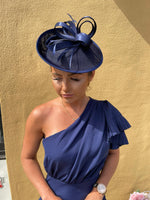 Kendall Navy bow and feather disc hatinator fascinator