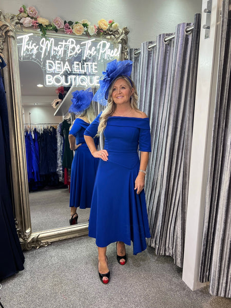 Lorelle asymmetric hemline Bardot midi skater dress royal blue Deja Elite Boutique Lorelle asymmetric hemline Bardot midi skater dress royal blue Deja Elite Boutique