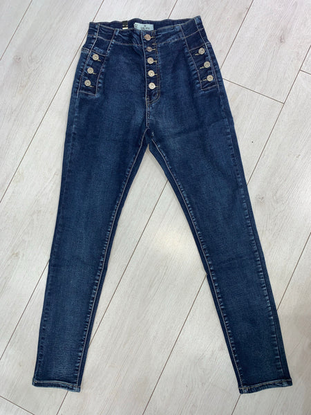 ‘Cute as a button’ high waist button detail stretch jeans - dark indigo blue