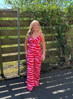 Red and pink wide leg zebra print jumpsuit