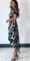 Leaf print ruffle detail maxi dress