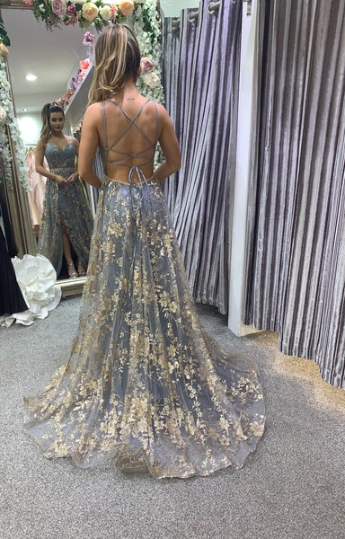 Pandora silver and gold ballgown prom dress – Deja Elite Boutique