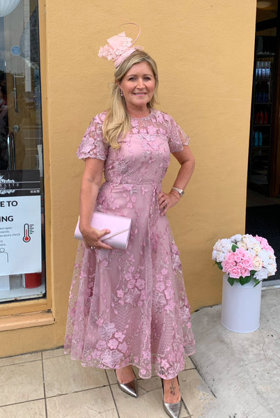 Dusty pink floral appliqué lace skater style dress - mum of the bride –  Deja Elite Boutique