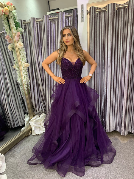 A-Line Modest Custom Floor-Length Purple Satin Long Prom Dresses, Ball –  SposaBridal