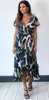 Leaf print ruffle detail maxi dress