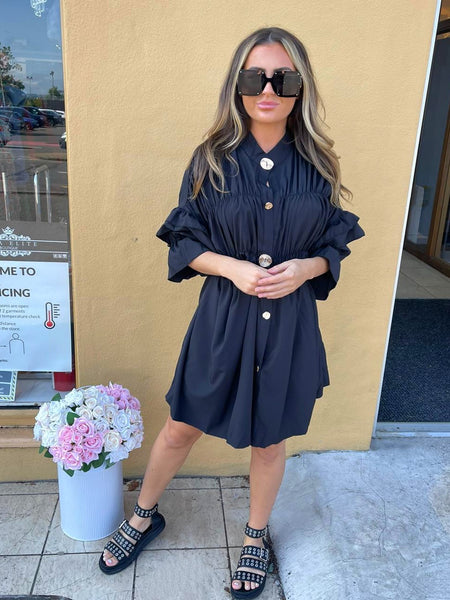 black shirt dress with gold buttons Black Satin Belted 3/4 Sleeve Gold Buttons Shirt Midi Dress