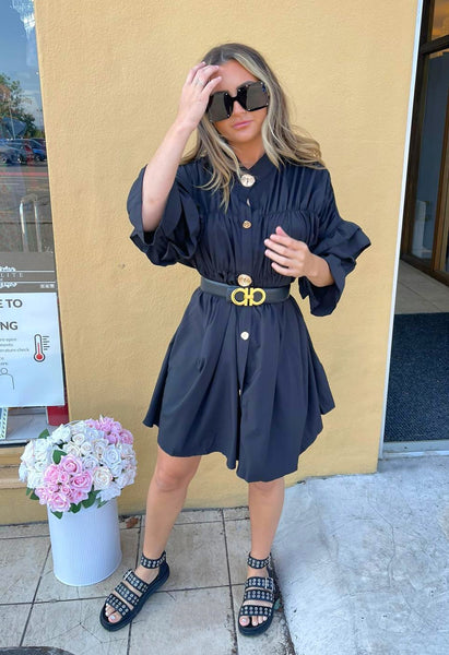Rocking the ruche, oversize gold button shirt dress - black Deja Elite Boutique Rocking the ruche, oversize gold button shirt dress - black Deja Elite Boutique