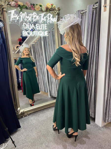 Lorelle asymmetric hemline Bardot midi skater dress in Hunter green Deja Elite Boutique