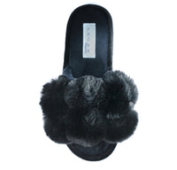 Lunar Octavia pom pom  luxury faux fur slippers - black