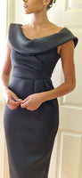 Sasha Bardot on off shoulder scuba midi dress in black