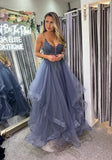 Dakota charcoal flutter layered prom dress ballgown