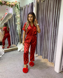 Fi flowers and diamond satin long trousers  pyjamas - red  - one size
