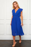 Sylvia royal blue wrap over pleated flutter sleeve midi dress