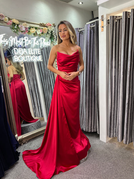 Suki satin side train full length prom dress red Deja Elite Boutique