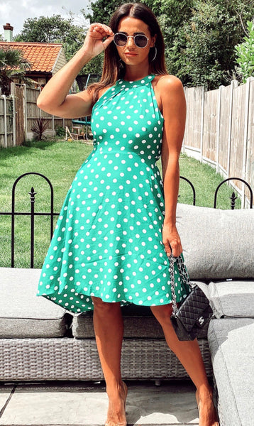 Green polka dot high low summer dress