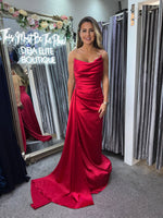 Suki satin side train full length prom dress red