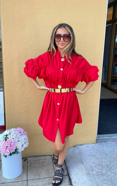 Rocking the ruche, oversize gold button shirt dress - red Deja Elite Boutique Rocking the ruche, oversize gold button shirt dress - red Deja Elite Boutique